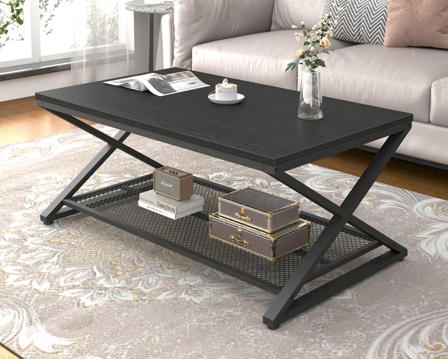 LVB Coffee Table for Living Room, 2 Tier Tea Table, 47 inch, Rustic Brown | Industrial Metal Wood Coffee Table with Storage, Farmhouse Wooden Rectangle Center Table with Mesh Shelf for Office Bedroom — Black Oak / 39 inch