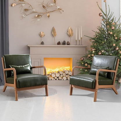 INZOY Mid Century Modern Accent Chair with Wood Frame, Upholstered Living Room Chairs with Waist Cushion, Reading Armchair for Bedroom Sunroom (Beige)