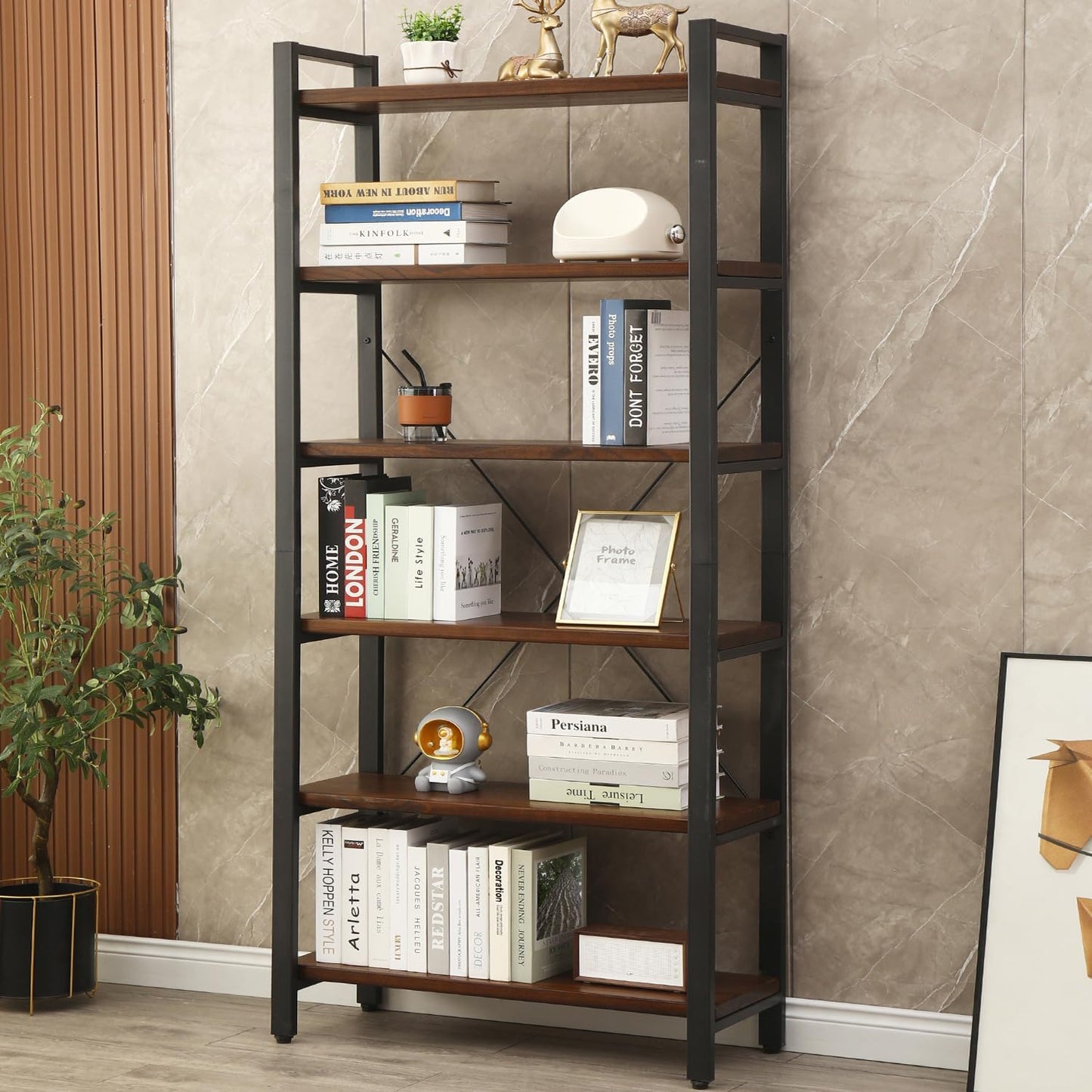 WH-AOERPUMY 5 Tier Bookcase, Solid Wood Bookshelf Rustic Vintage Industrial Etagere Bookcase, Metal and Wood Free Vintage Bookshelf, Retro Brown (5-Tiers) — 6-Tiers-Natural Real Wood