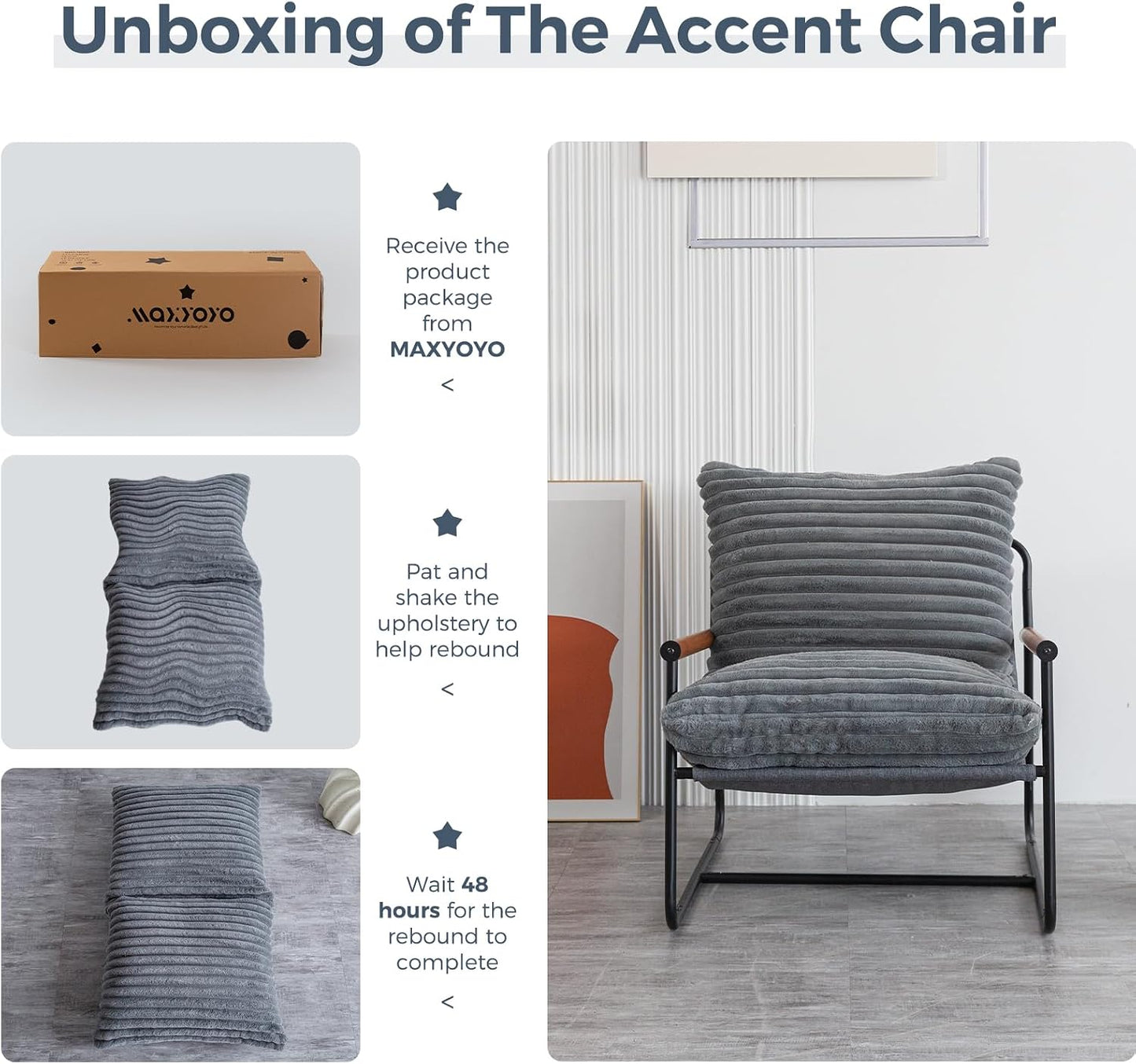 MAXYOYO Accent Chair, Sherpa Arm Chair for Living Room, Mid Century Modern Accent Chairs, Boucle Reading Bedroom Chair, Teddy Armchair, Wooden Arms Metal Frame — Grey (4)