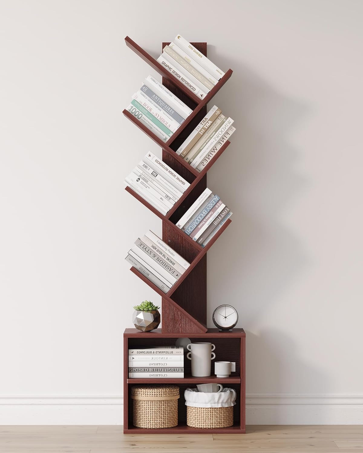 SUNMORY 6 Tier Tree Bookshelf, Small Bookcase with Storage Cabinet, Modern Tall Narrow Bookshelves Organizer, Floor Standing Book Shelf for Bedroom/Living Room/Home Office/Corner, Rustic Brown — Cherry / 6 Tier-Standard