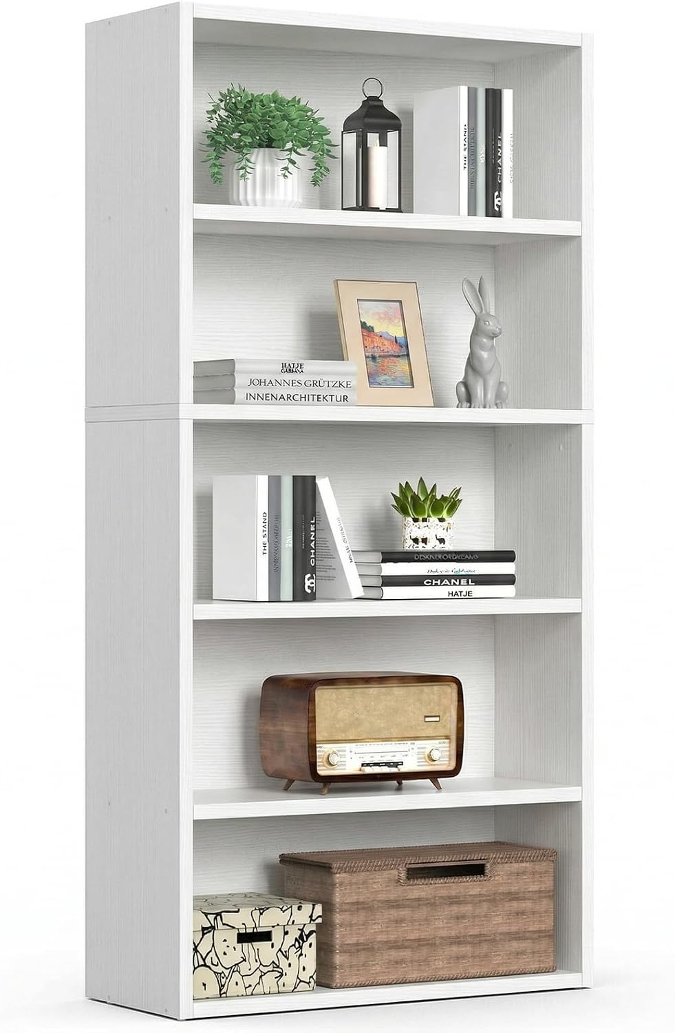 Sweetcrispy 5 Shelf Bookcase Open Display Bookshelf Storage Organizer | 53 Inches Tall Book Shelf Floor Standing Corner Unit, Living Room, Home Office, Kitchen, Bedroom, Rustic Brown Wood — White / 5 Shelf