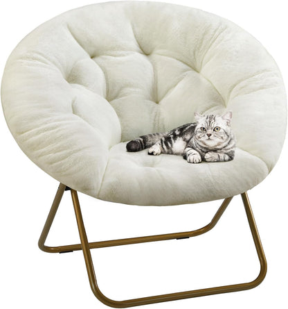 DUMOS Comfy Saucer Chair, Faux Fur Lounge Seasting XL Circle Chair for Bedroom, Dorm & Gaming, Foldable Fashion Accent Seat for Small Spaces, Folding Moon/Mushroom/Round Oversized Style,White — White-faux Fur / Round-36 Inches