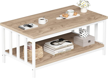 Homeiju Coffee Table for Living Room with Slatted Sides Frame, Modern Farmhouse Living Room Table with 2-Tier Storage Shelf for Home Office, Apartment, Grey Wash, 39 inch — 39.4L*21.6W*18.1H / Light Coffee