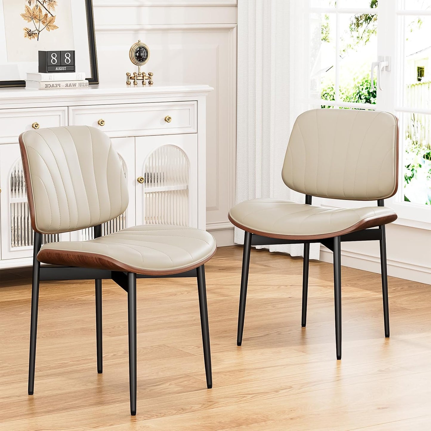YaFiti Mid Century Dining Chairs Set of 4 with Walnut Bentwood, Greige | Ergonomic Walnut Backrest, Upholstered Waterproof PU Leather Seat, Stable Metal Legs, Adjustable Footpads, Apartment Friendly — Greige Scallop / 2