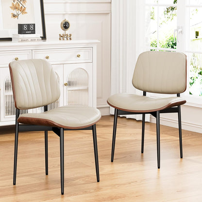YaFiti Mid Century Dining Chairs Set of 4 with Walnut Bentwood, Greige | Ergonomic Walnut Backrest, Upholstered Waterproof PU Leather Seat, Stable Metal Legs, Adjustable Footpads, Apartment Friendly — Greige Scallop / 2