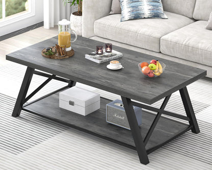 EXCEFUR Modern Coffee Table, Rectangle Center Table for Living Room with Storage Shelf, Industrial Wood and Metal Cocktail Tea Table, Rustic Oak, 47 Inch — Grey