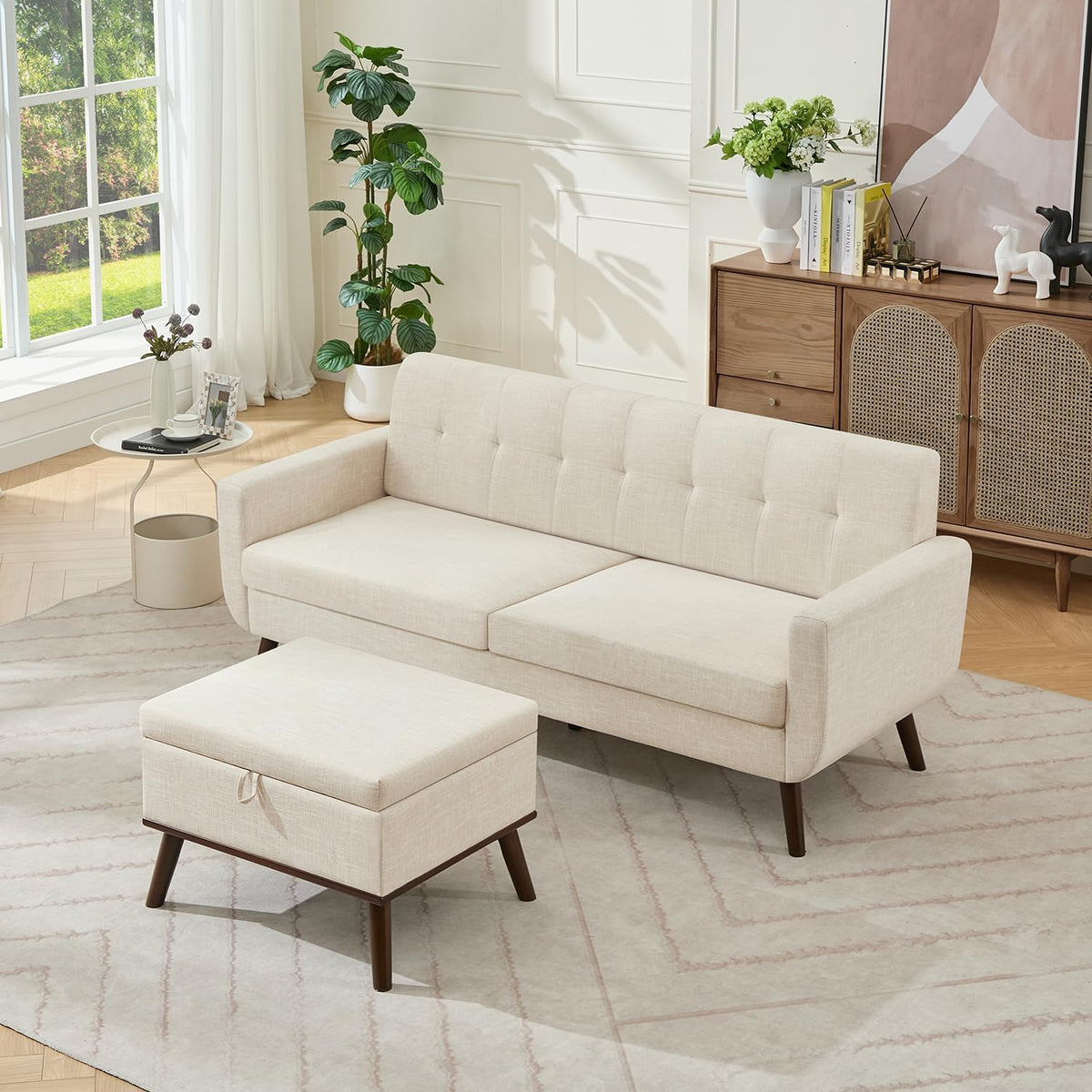 Tbfit Linen Fabric Single Sofa, Accent Chair, Mid Century Modern Armchair for Living Room, Bedroom Button Tufted Upholstered Comfy Reading Sofas, Beige — Standard & Ottoman / Beige