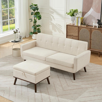 Tbfit Linen Fabric Single Sofa, Accent Chair, Mid Century Modern Armchair for Living Room, Bedroom Button Tufted Upholstered Comfy Reading Sofas, Beige — Standard & Ottoman / Beige