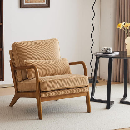 Karl home Mid-Century Modern Accent Reading Chair, Beige | Linen Upholstered, Solid Wood Frame, Soft Cushion, Lumbar Pillow, Lounge Armchair for Living Room, Bedroom, Balcony, Study — Corduroy Khaki