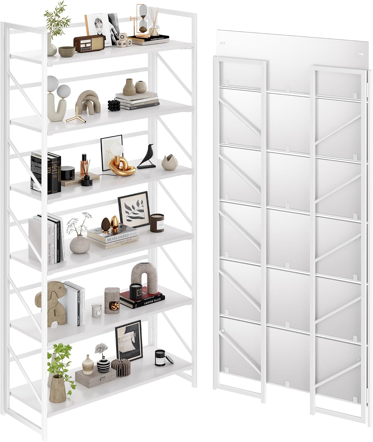 JSB No Assembly Folding Bookshelf, 4 Tier Industrial Metal Book Shelf for Storage, Vintage Wood Foldable Bookcase for Living Room, Bedroom, Office Organization Shelves — All White / Wide Flat Tube 6-Tier