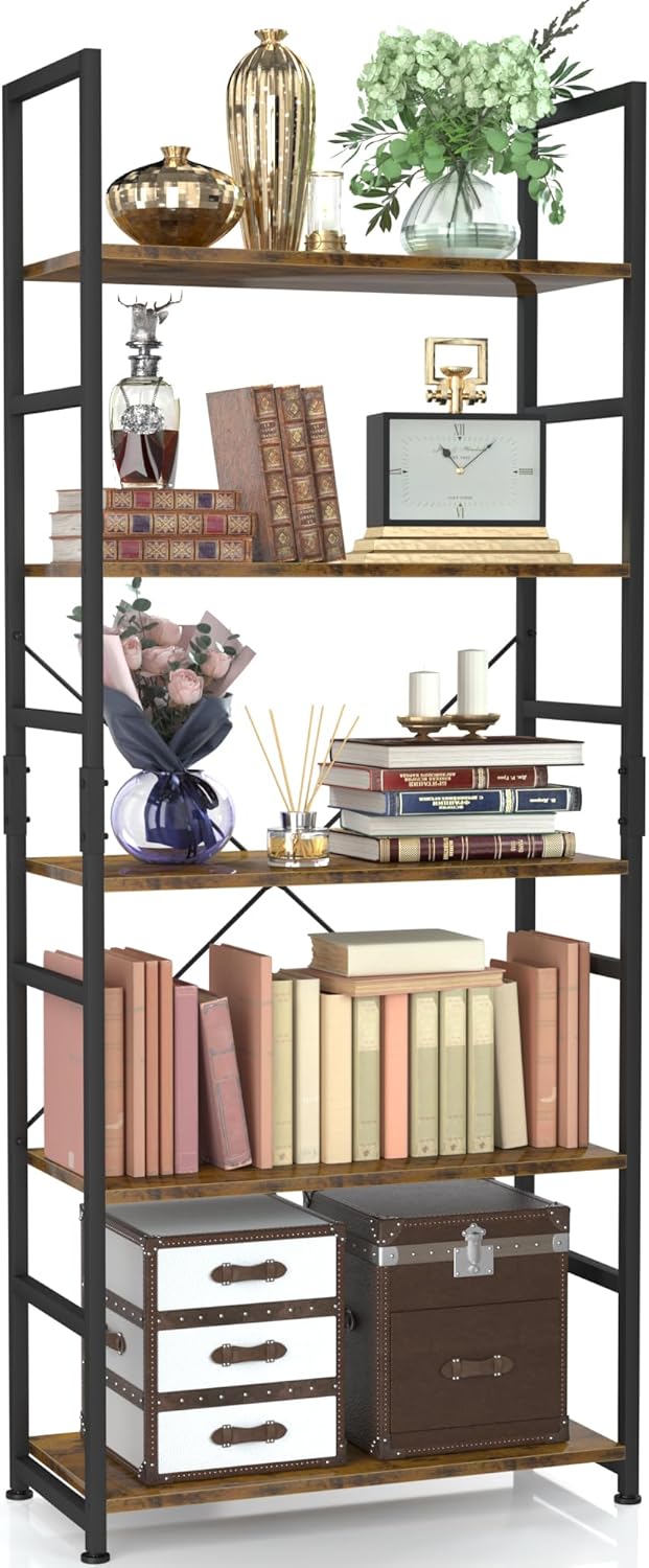 NUMENN 5 Tier Bookshelf, Tall Bookcase Shelf Storage Organizer, Modern Book Shelf for Bedroom, Living Room and Home Office, Vintage — 5 Tier / Vintage