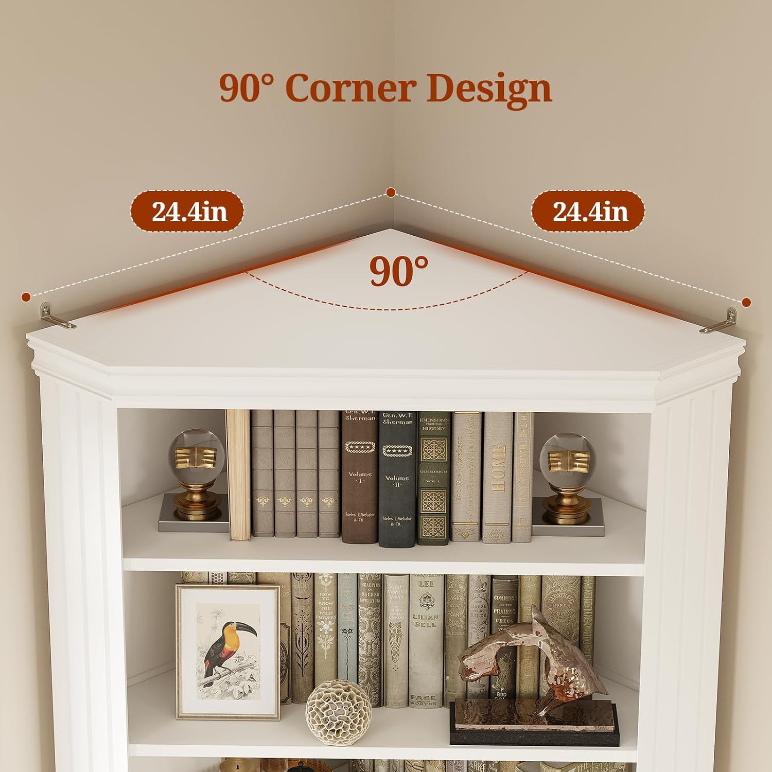 UPOSOJA 83” Tall Corner Bookshelf with Storage Cabinet, L-Shaped 5 Tier Bookcase Open Racks, Classical Style Bookshelves Adjustable Shelves, Home Office, Living Room & Kitchen — White (5)