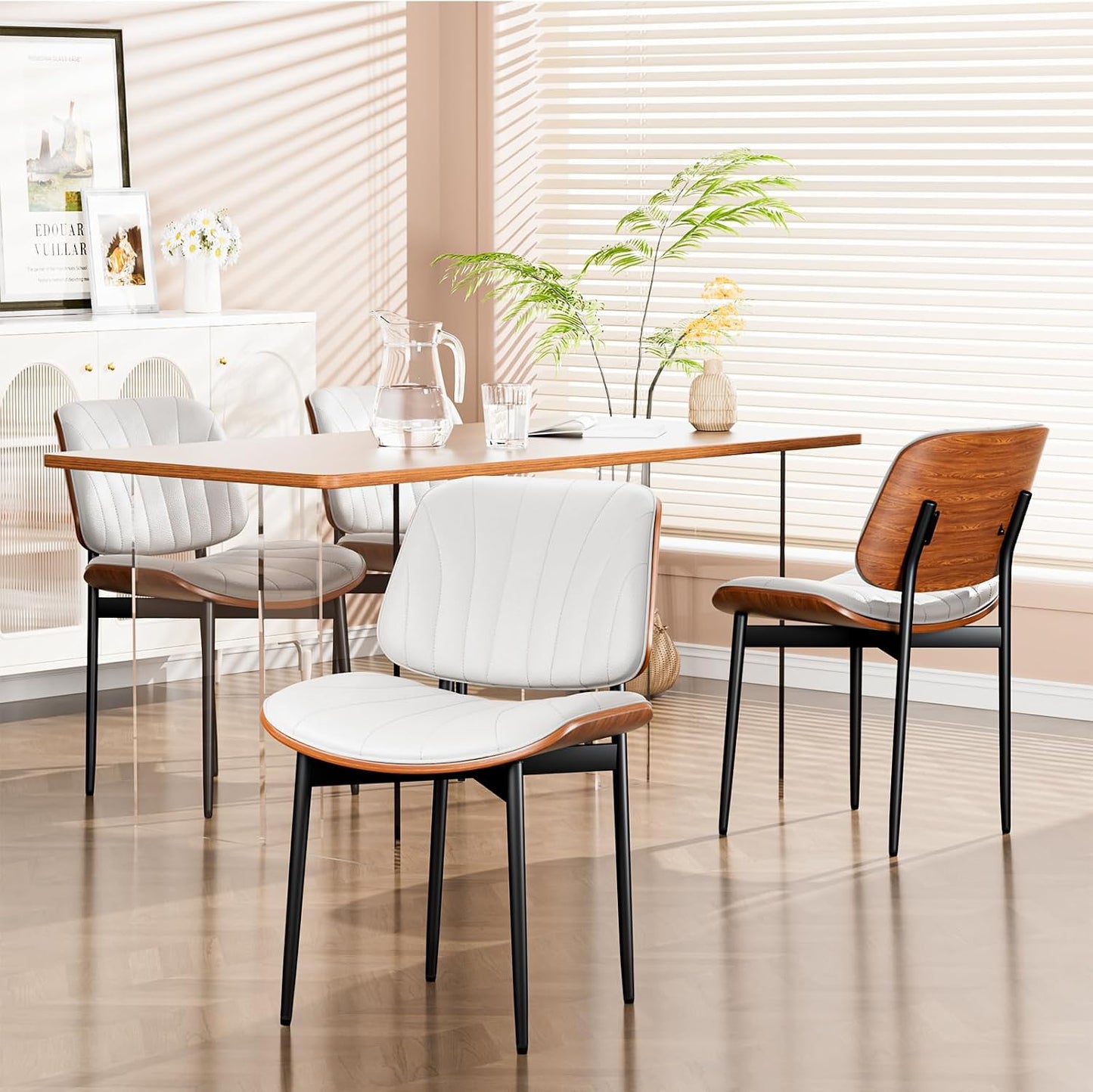 YaFiti Mid Century Dining Chairs Set of 4 with Walnut Bentwood, Greige | Ergonomic Walnut Backrest, Upholstered Waterproof PU Leather Seat, Stable Metal Legs, Adjustable Footpads, Apartment Friendly — White Scallop / 4