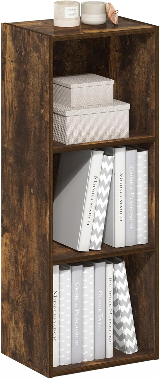 Furinno LUDER Book Shelf, 5-Cube Bookshelf, Reversible Bookcase, 9.4 x 19.5 x 31.5, Easy Assembly, for Living Room, Bedroom, Home Office, White — Amber Pine / 3-Tier Cube