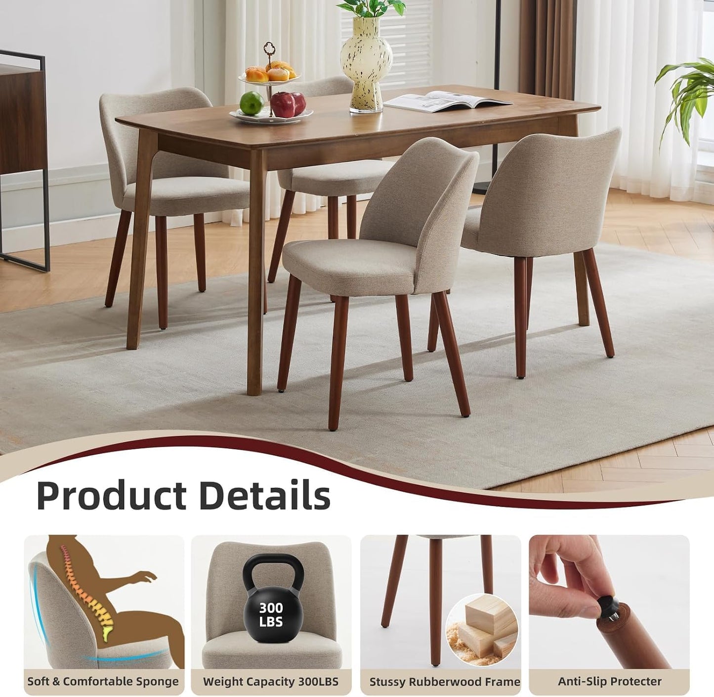 GarveeHome Dining Chairs Set of 4, Modern Hollow Back Dining Room Chair | Upholstered Kitchen Chairs with Adjustable Foot Pads, Wooden Dinner Chair for Kitchen Dining Room — Camel (3)