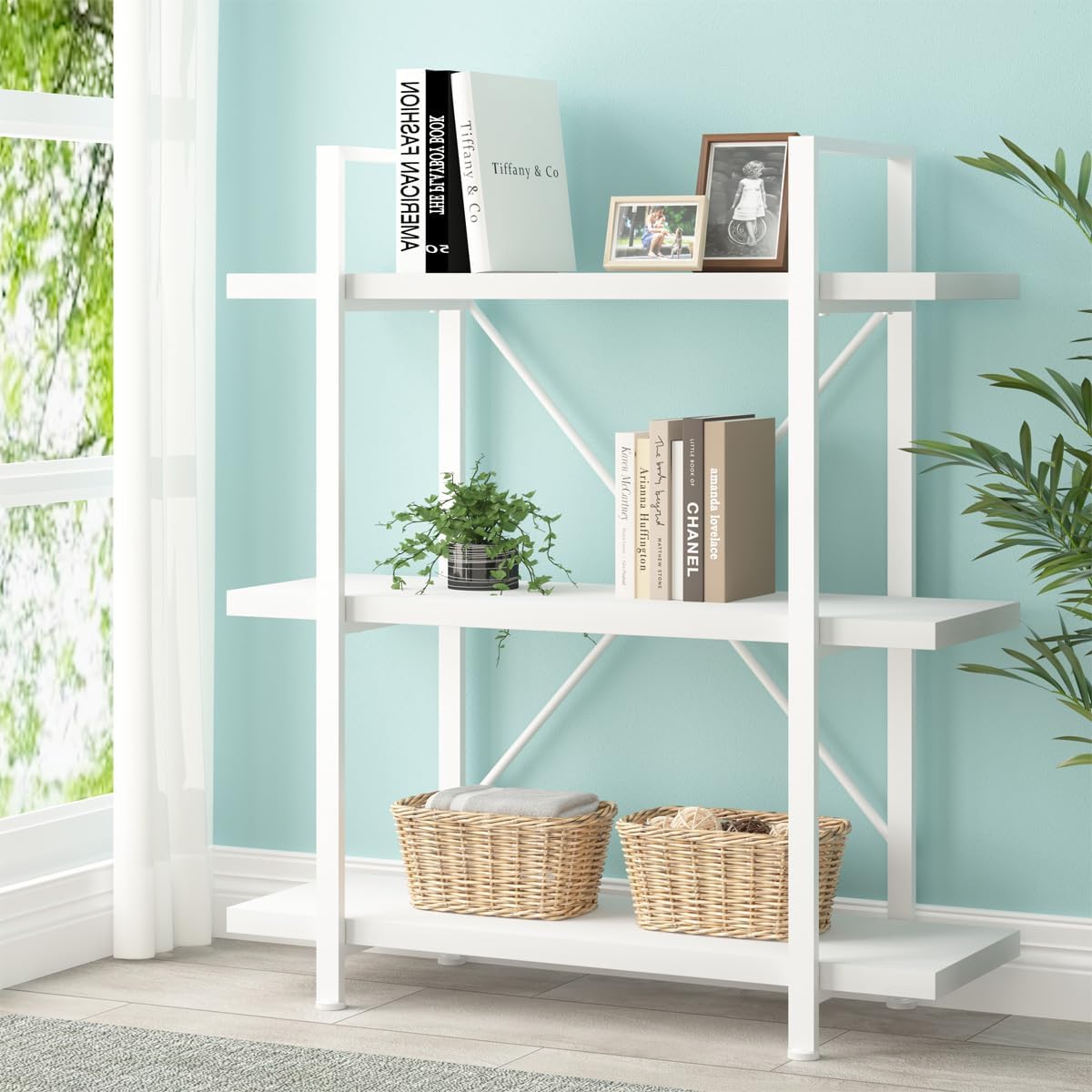 HSH White Bookshelf, 6 Tier Tall Bookcases for Bedroom Living Room Office | Industrial Modern Vertical Metal and Wood Bookcases, Farmhouse 6 Shelf Open Large Storage Book Shelves Display Book Shelf