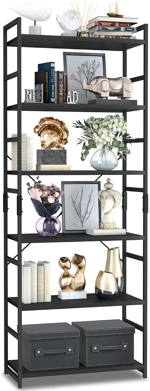 NUMENN 5 Tier Bookshelf, Tall Bookcase Shelf Storage Organizer, Modern Book Shelf for Bedroom, Living Room and Home Office, Vintage — 6 Tier / Black