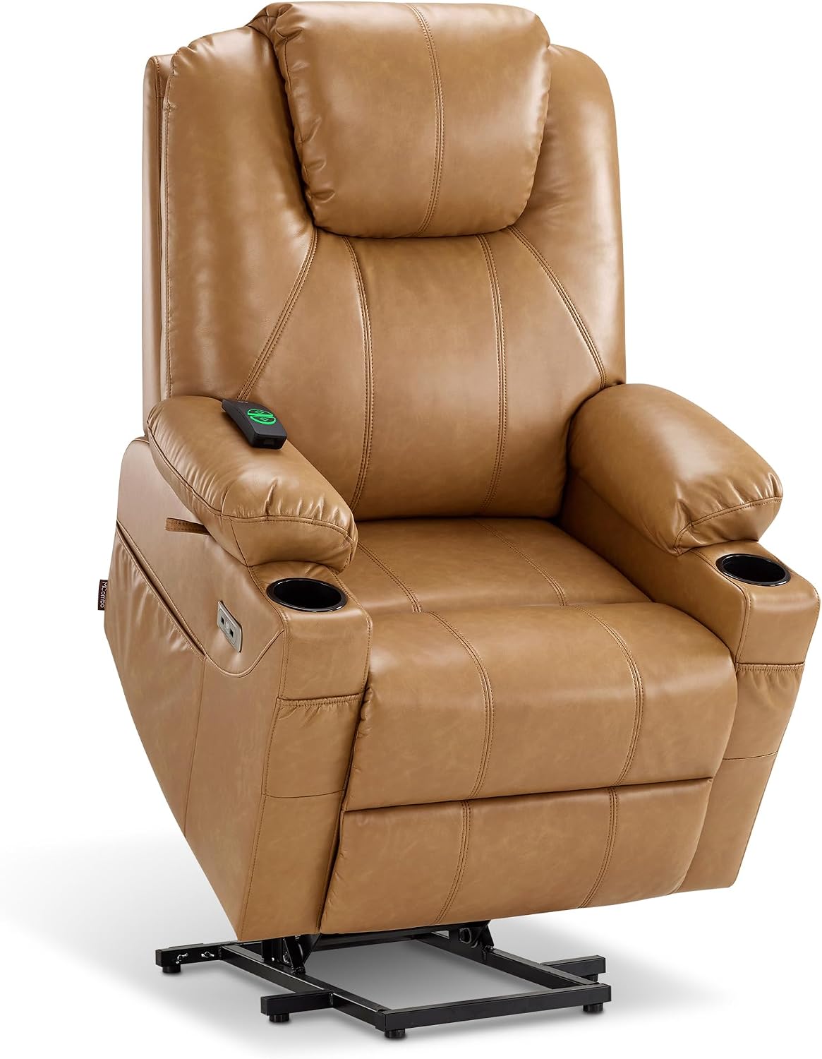 MCombo Electric Power Lift Recliner Chair Sofa with Massage and Heat for Elderly, 3 Positions, 2 Side Pockets, and Cup Holders, USB Ports, Faux Leather 7040 (Grey, Medium) — Large / Tawny