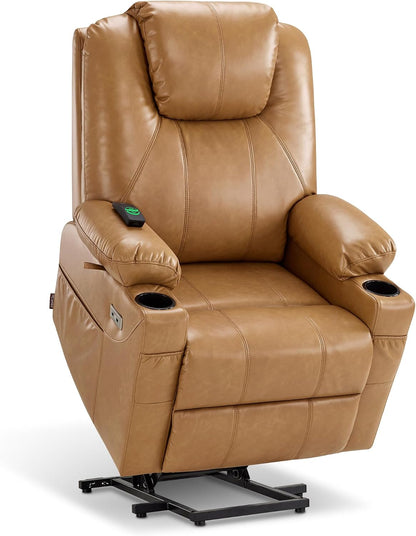 MCombo Electric Power Lift Recliner Chair Sofa with Massage and Heat for Elderly, 3 Positions, 2 Side Pockets, and Cup Holders, USB Ports, Faux Leather 7040 (Grey, Medium) — Large / Tawny