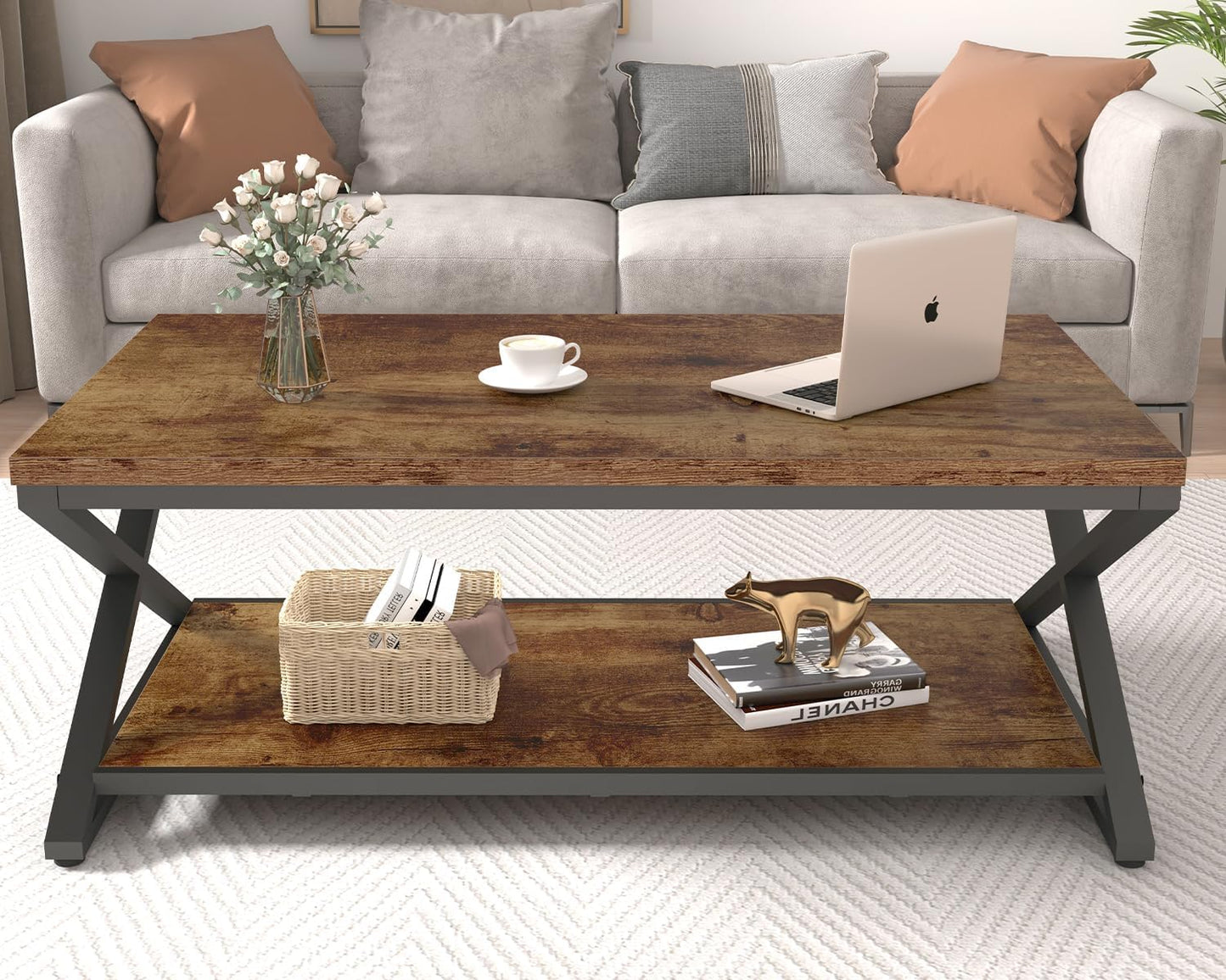 HSH Wood Coffee Table with Storage, Farmhouse Rustic Brown Coffee Table for Living Room, Modern Minimalist 2 Tier Center Table, Simple Rectangle Cocktail Tea Table in Home Office Bedroom, 39 Inch — 39 Inch / Rustic Brown (4)