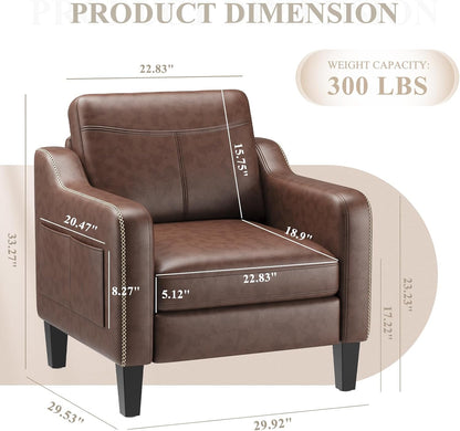 MALOL PU Leather Accent Chair, Mid-Century Modern Living Room Armchair Sofa with Removable Cushions, Solid Wood Frame & Stitched Armrest Design, Bedroom Chair with Plastic Legs, Chocolate Brown — Chocolate Brown / Set of 1 (2)
