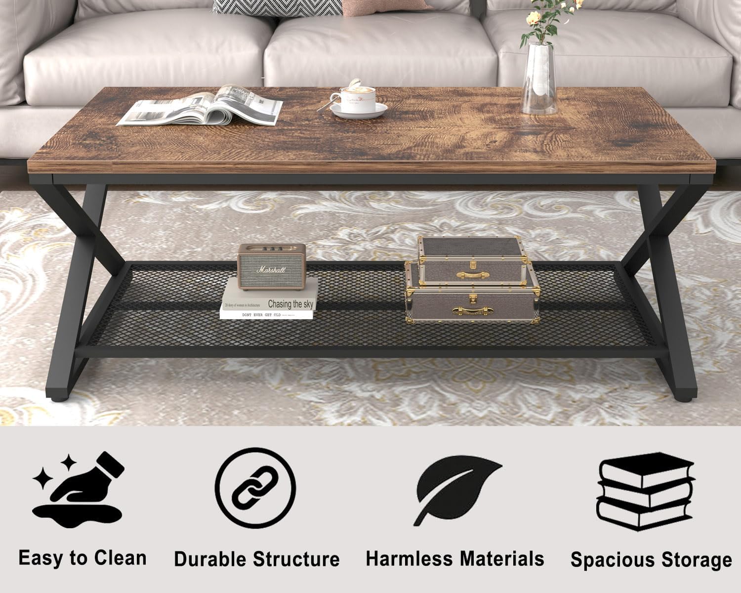 LVB Coffee Table for Living Room, 2 Tier Tea Table, 47 inch, Rustic Brown | Industrial Metal Wood Coffee Table with Storage, Farmhouse Wooden Rectangle Center Table with Mesh Shelf for Office Bedroom — Rustic Brown / 47 inch (4)