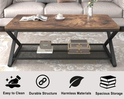 LVB Coffee Table for Living Room, 2 Tier Tea Table, 47 inch, Rustic Brown | Industrial Metal Wood Coffee Table with Storage, Farmhouse Wooden Rectangle Center Table with Mesh Shelf for Office Bedroom — Rustic Brown / 47 inch (4)