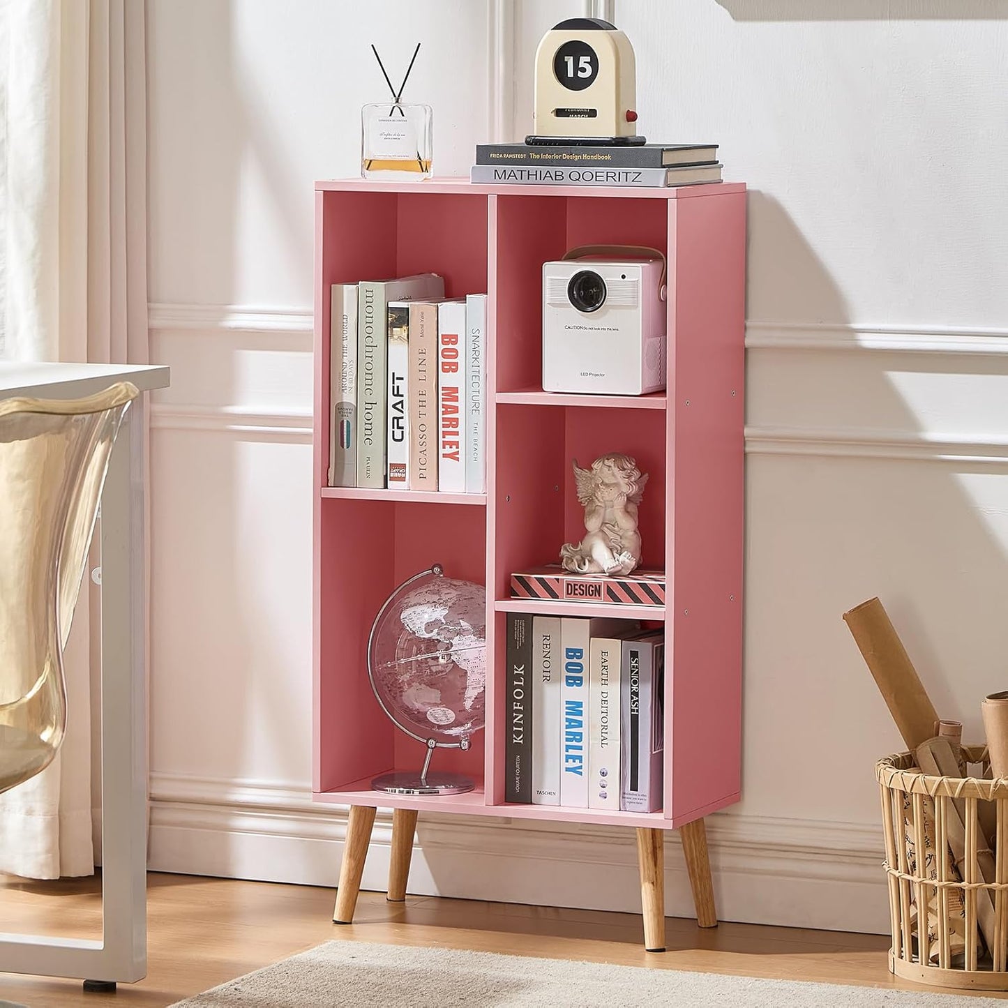 LEYAOYAO Cube Bookshelf 3 Tier Mid-Century Rustic Brown Modern Bookcase with Legs,Retro Wood Bookshelves Storage Organizer Shelf,Freestanding Open Book Shelves for Bedroom,Living Room,Office — Light Pink / 5 Cube with Legs