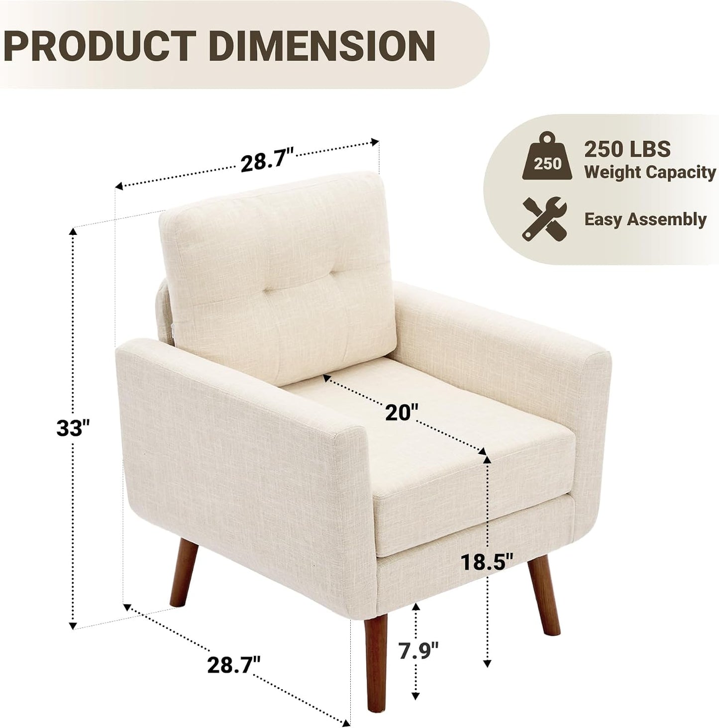 Tbfit Linen Fabric Single Sofa, Accent Chair, Mid Century Modern Armchair for Living Room, Bedroom Button Tufted Upholstered Comfy Reading Sofas, Beige — Single / Beige (2)