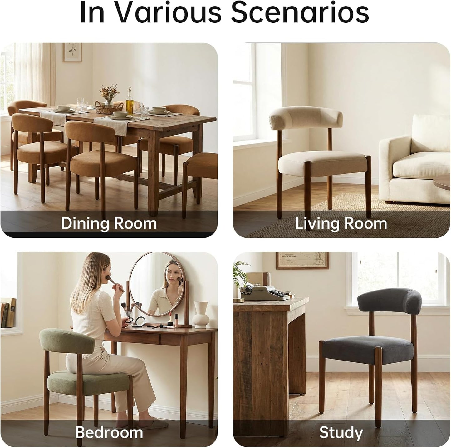 VKNOW Wooden Dining Chairs Set of 4, Modern Upholstered Dining Room Chairs with Walnut Wood Legs and Curved Backrest, Fabric Kitchen Chairs for Farmhouse/Living Room/Dining Room, Green — Set of 4 / Green (7)