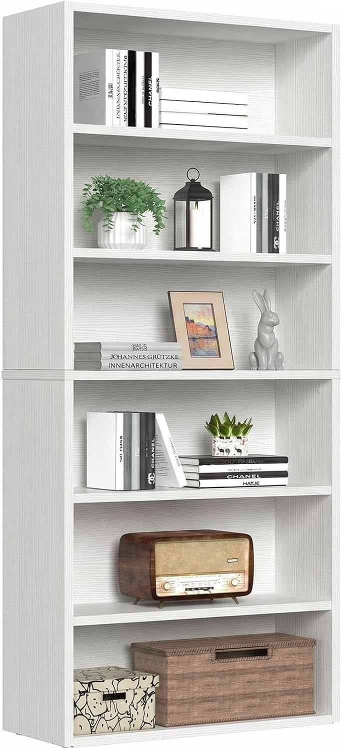 Sweetcrispy 5 Shelf Bookcase Open Display Bookshelf Storage Organizer | 53 Inches Tall Book Shelf Floor Standing Corner Unit, Living Room, Home Office, Kitchen, Bedroom, Rustic Brown Wood — White / 6 Shelf