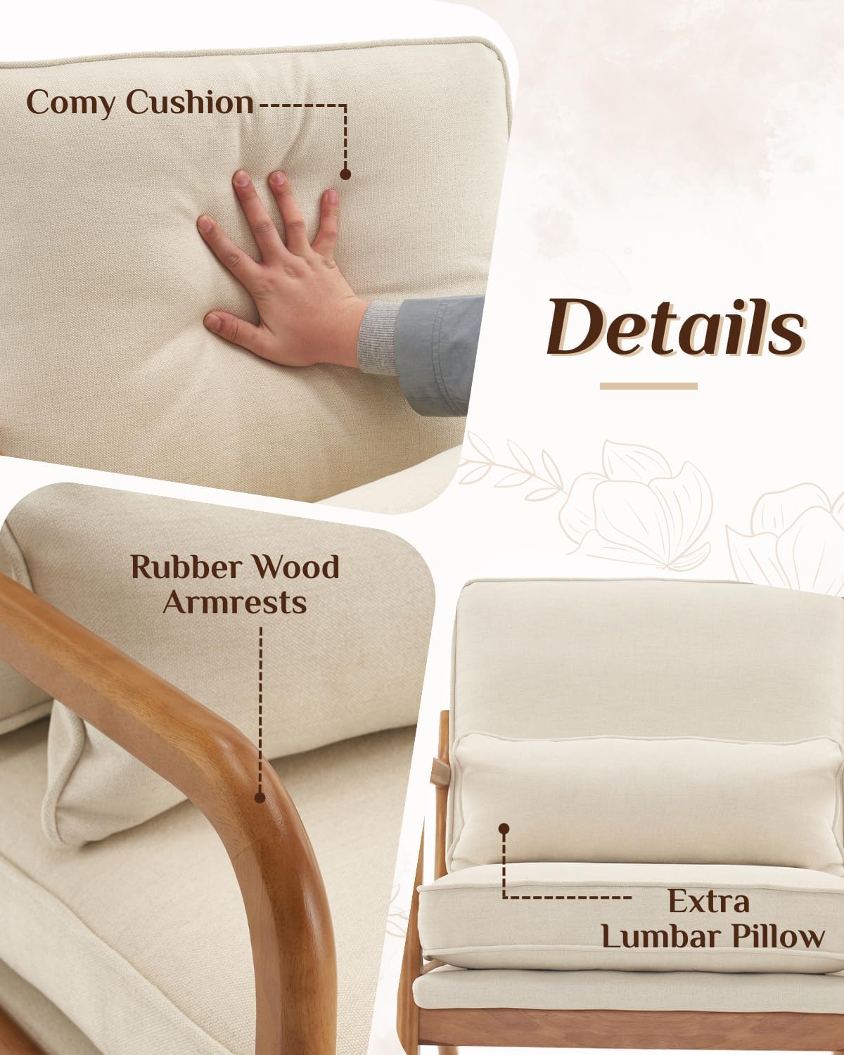 Karl home Mid-Century Modern Accent Reading Chair, Beige | Linen Upholstered, Solid Wood Frame, Soft Cushion, Lumbar Pillow, Lounge Armchair for Living Room, Bedroom, Balcony, Study — Linen Beige (6)