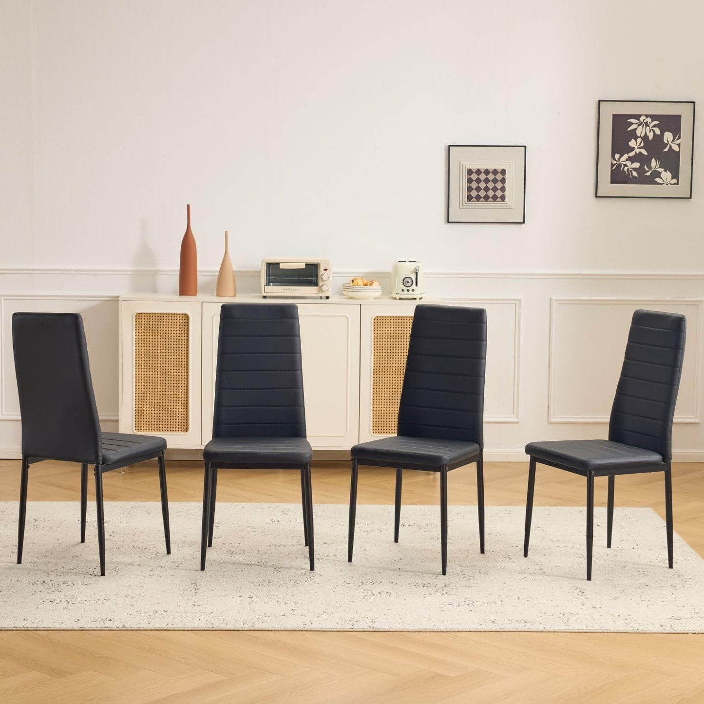 Karl home Dining Chairs Set of 4, PU Leather & High Back, Black | Black kitchen chairs with padded seats & foot cap protection for dining kitchen living room,300lbs capacity,space-saving — Black / Set of 4