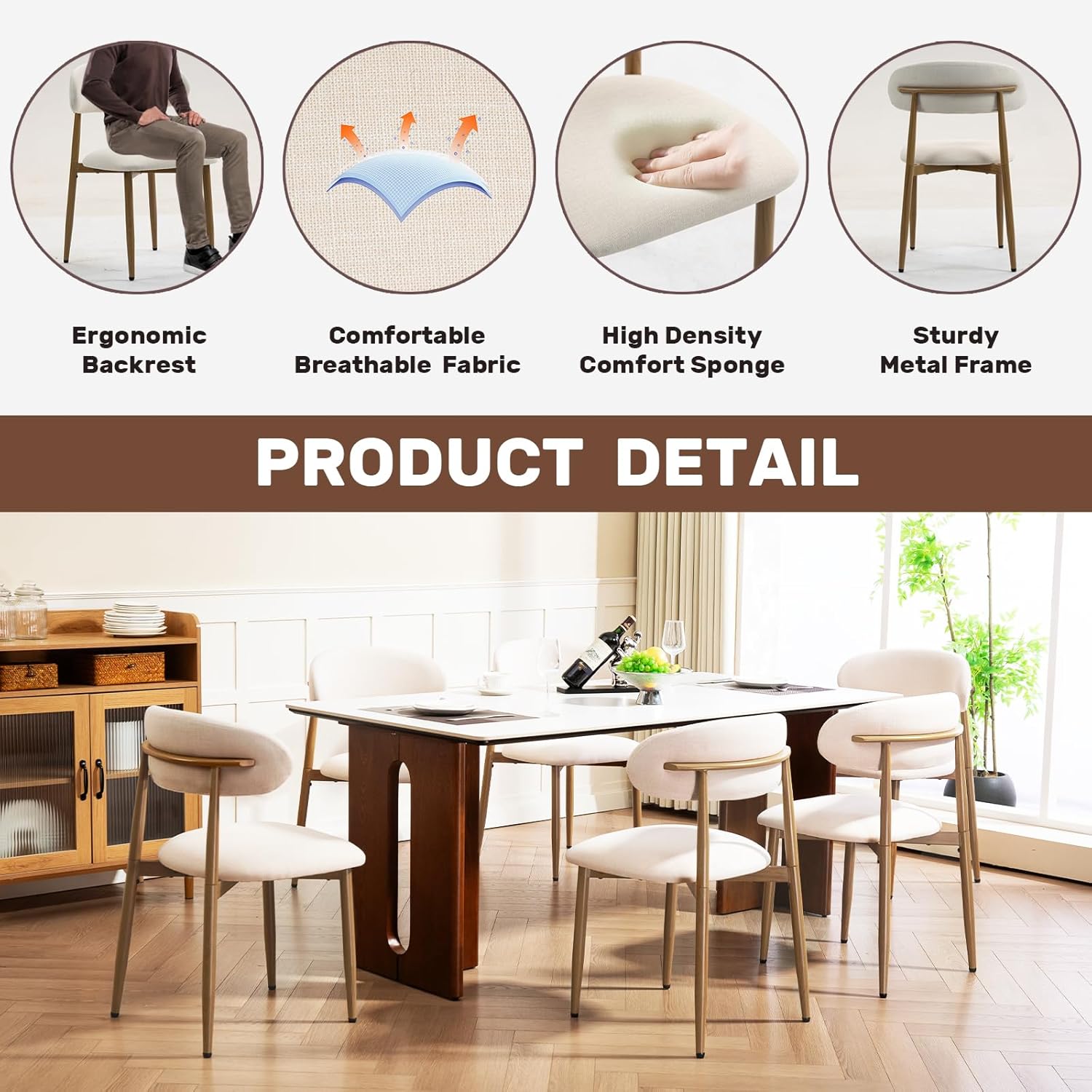UVV Dining Chairs Set of 4, Metal Kitchen Chairs with Modern Fabric Upholstered for Dining Room, Beige — Beige Seat /Wood-grain Metal Legs / 4 (7)