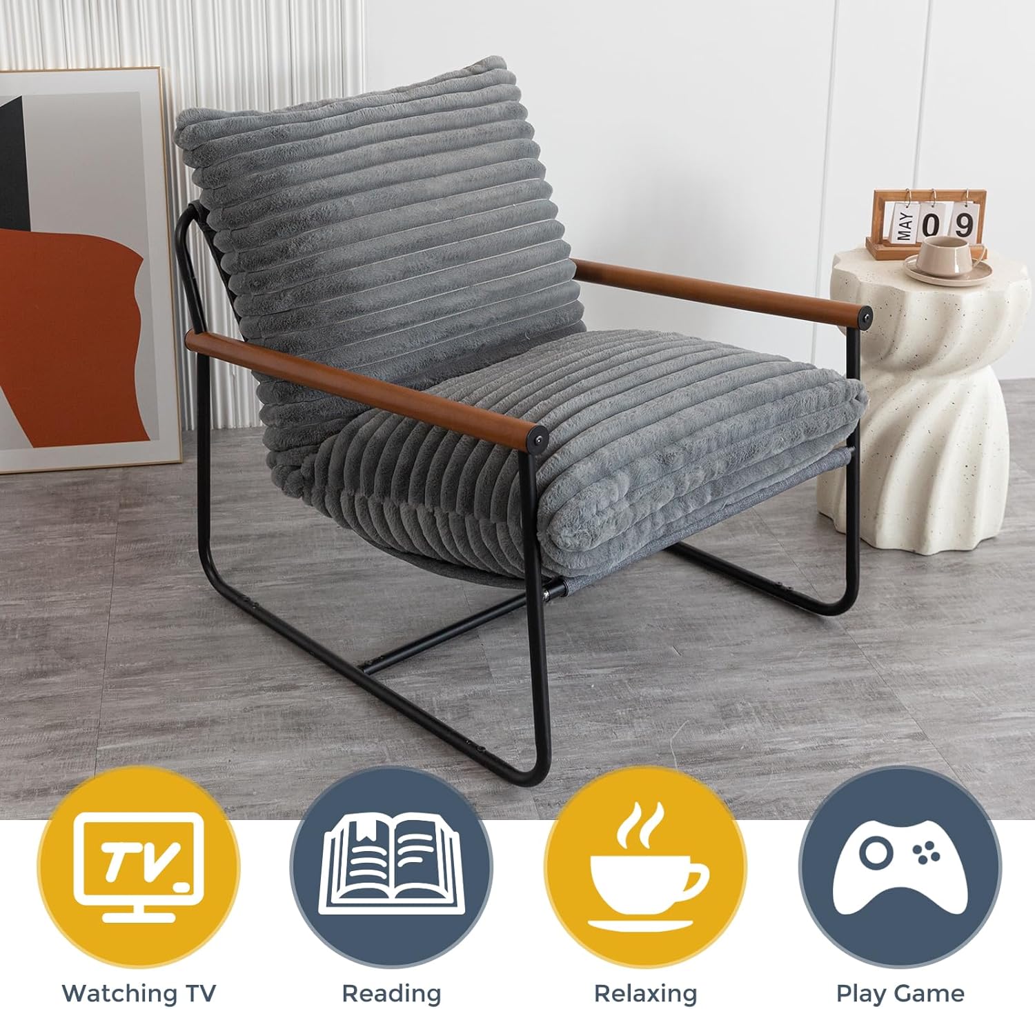 MAXYOYO Accent Chair, Sherpa Arm Chair for Living Room, Mid Century Modern Accent Chairs, Boucle Reading Bedroom Chair, Teddy Armchair, Wooden Arms Metal Frame — Grey (8)