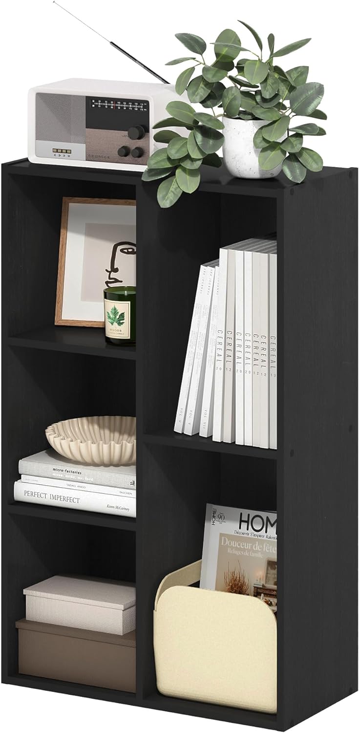 Furinno LUDER Book Shelf, 5-Cube Bookshelf, Reversible Bookcase, 9.4 x 19.5 x 31.5, Easy Assembly, for Living Room, Bedroom, Home Office, White — Blackwood / 5-Cube