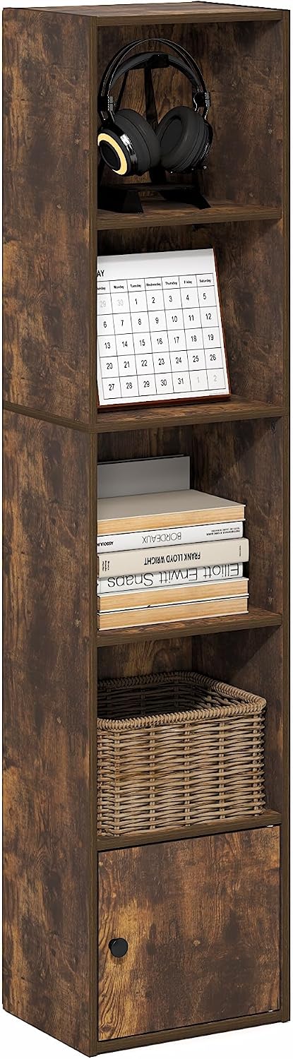 Furinno LUDER Book Shelf, 5-Cube Bookshelf, Reversible Bookcase, 9.4 x 19.5 x 31.5, Easy Assembly, for Living Room, Bedroom, Home Office, White — Amber Pine / 5-Cube with Cabinet