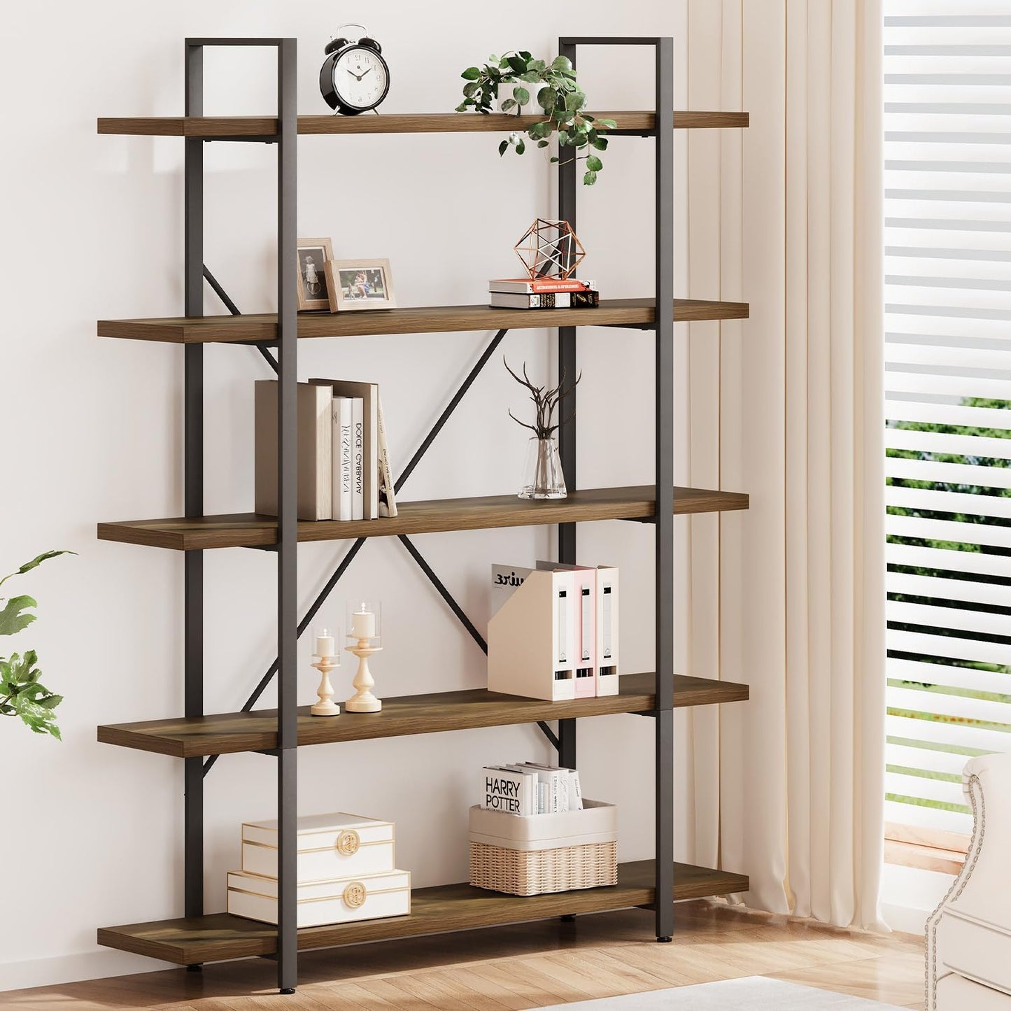 HSH White Bookshelf, 6 Tier Tall Bookcases for Bedroom Living Room Office | Industrial Modern Vertical Metal and Wood Bookcases, Farmhouse 6 Shelf Open Large Storage Book Shelves Display Book Shelf