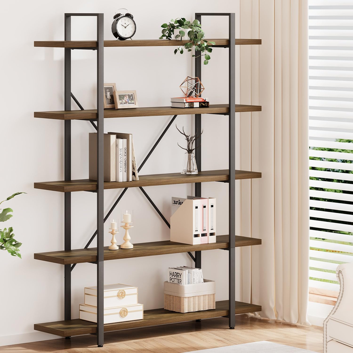 HSH White Bookshelf, 6 Tier Tall Bookcases for Bedroom Living Room Office | Industrial Modern Vertical Metal and Wood Bookcases, Farmhouse 6 Shelf Open Large Storage Book Shelves Display Book Shelf