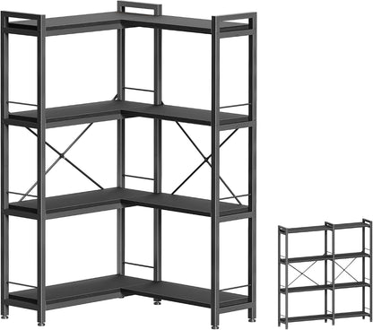 Huuger 5 Tier Bookshelf, L Shaped Corner Bookshelf with 10 Open Shelves, 49.4 Inch Straight Wide Bookcase with Metal Frame and Wooden Board, Adjustable Feet, Rustic Brown — 4 Tier / Black