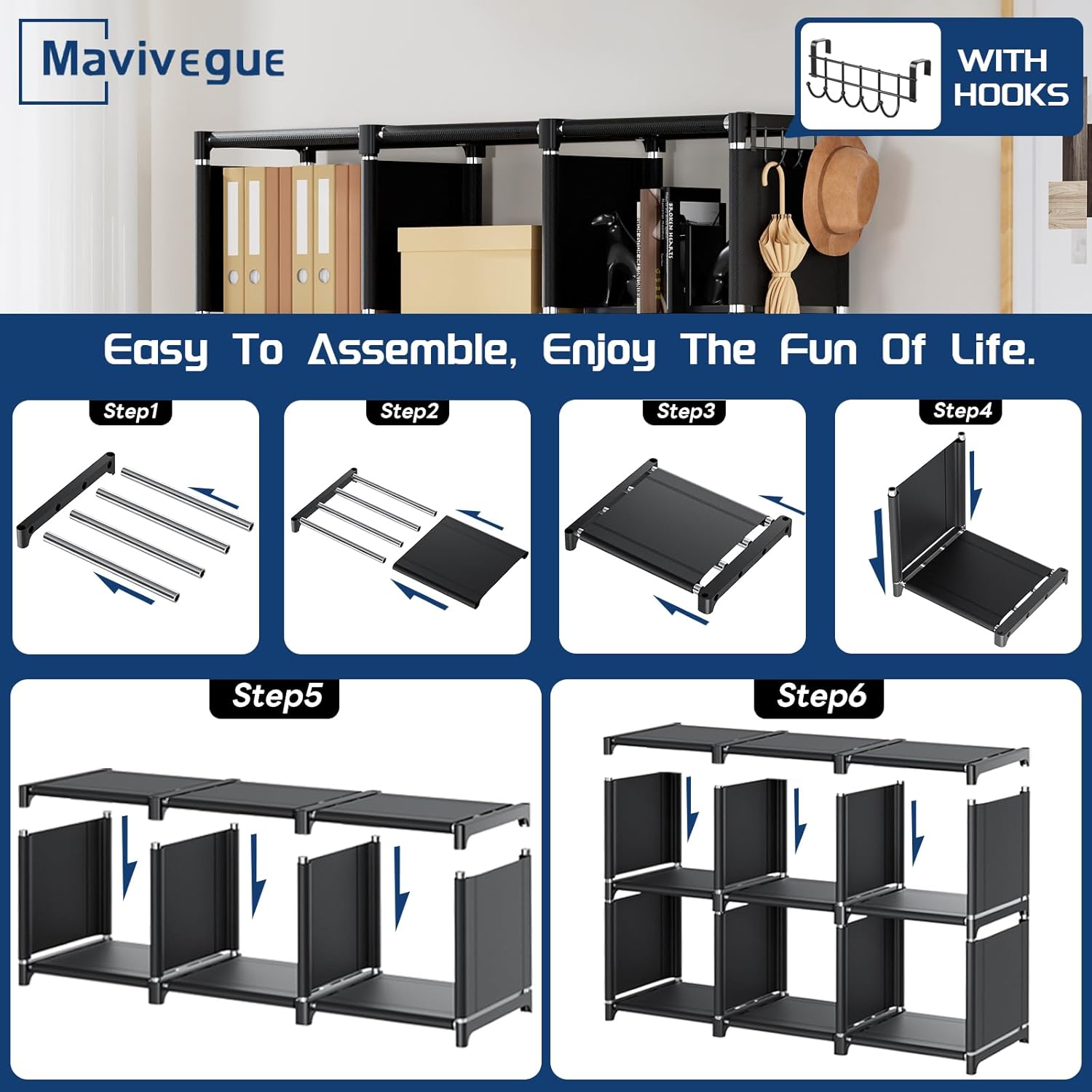Mavivegue Bookcase, 18-Cube Extra Large Book Shelf, DIY Cube Storage Organizer for Bedroom, Living Room, Home Office - Black — Black / 18-Grid (8)