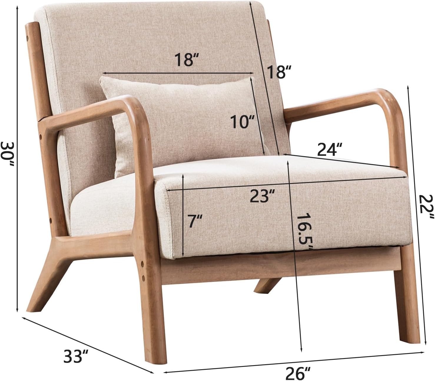 INZOY Mid Century Modern Accent Chair with Wood Frame, Upholstered Living Room Chairs with Waist Cushion, Reading Armchair for Bedroom Sunroom (Beige) — Beige / Classic (2)