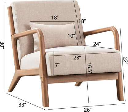 INZOY Mid Century Modern Accent Chair with Wood Frame, Upholstered Living Room Chairs with Waist Cushion, Reading Armchair for Bedroom Sunroom (Beige) — Beige / Classic (2)
