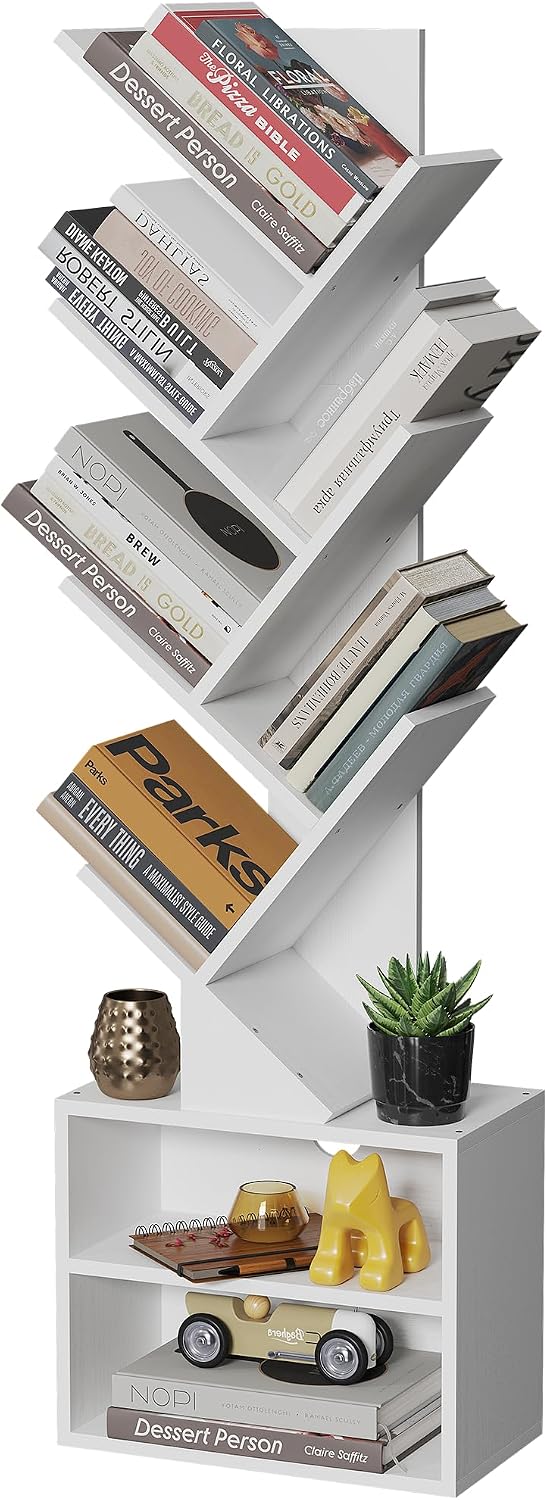SUNMORY 6 Tier Tree Bookshelf, Small Bookcase with Storage Cabinet, Modern Tall Narrow Bookshelves Organizer, Floor Standing Book Shelf for Bedroom/Living Room/Home Office/Corner, Rustic Brown — White / 6 Tier-Standard