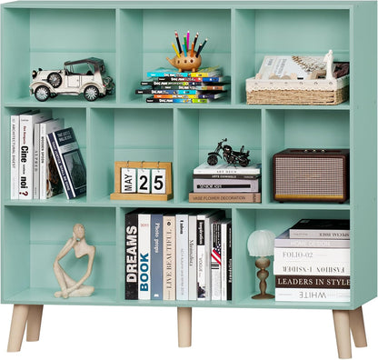 LEYAOYAO Cube Bookshelf 3 Tier Mid-Century Rustic Brown Modern Bookcase with Legs,Retro Wood Bookshelves Storage Organizer Shelf,Freestanding Open Book Shelves for Bedroom,Living Room,Office — Green / 10 Cube with Legs