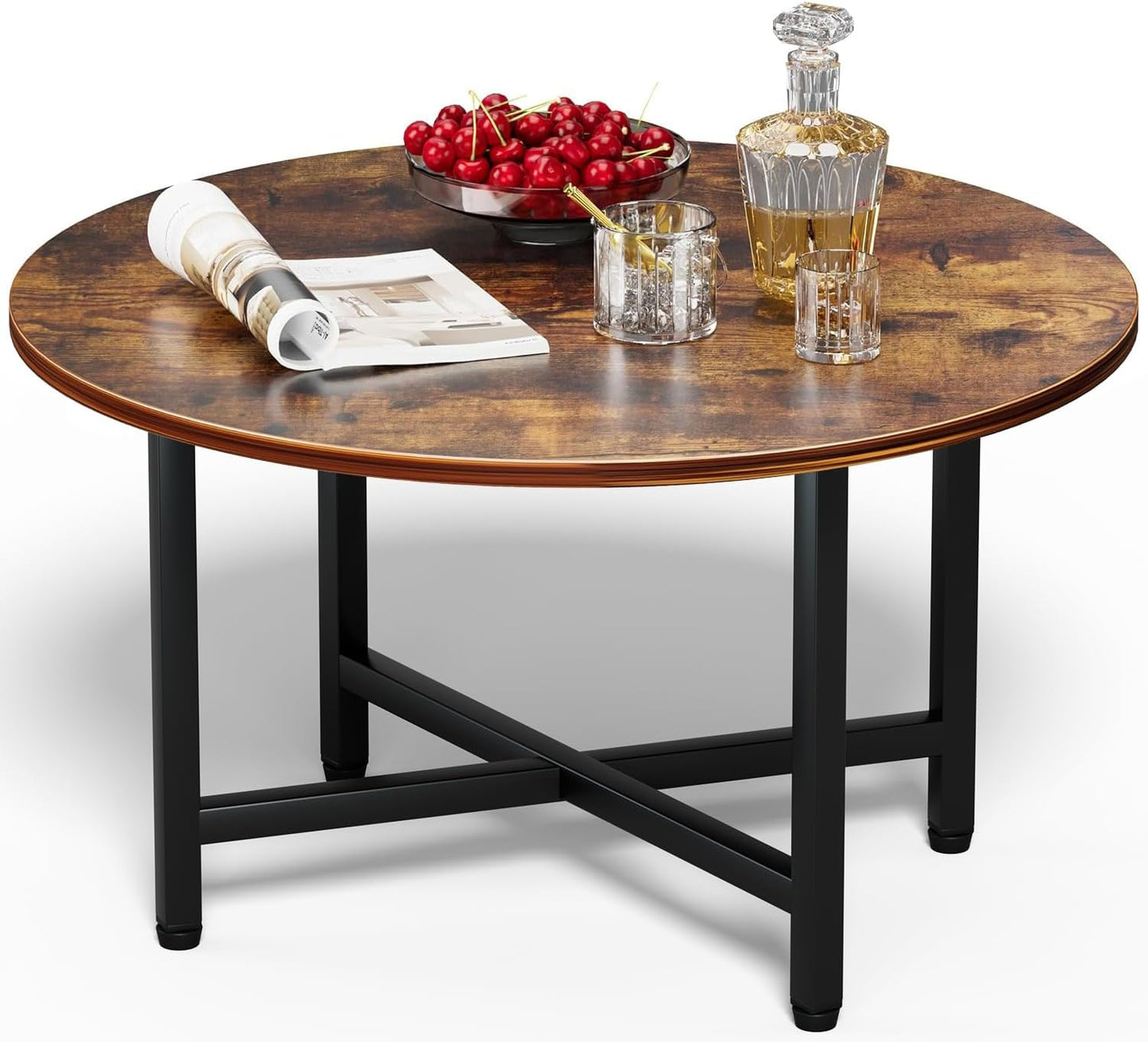 FAMIDGE Coffee Table, 23.6" Coffee Tables for Living Room, Round Coffee Table with Metal Frame, Floor Table for Sitting on The Floor, Home, Office, Black — Style4 Rustic Brown(23.6dx17.7h) / 1 Tier
