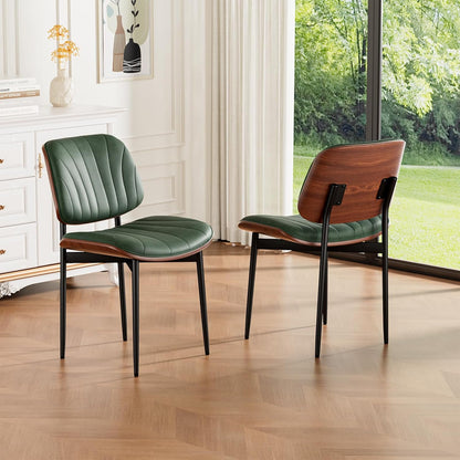 Dining Chairs Set of 4, Mid-Century Modern Upholstered PU Leather Chairs | with Walnut Bentwood Back and Metal Legs Adjustable Feet for Kitchen Dining Room, Black Shell Strips — Dark Green Shell Strips / 2