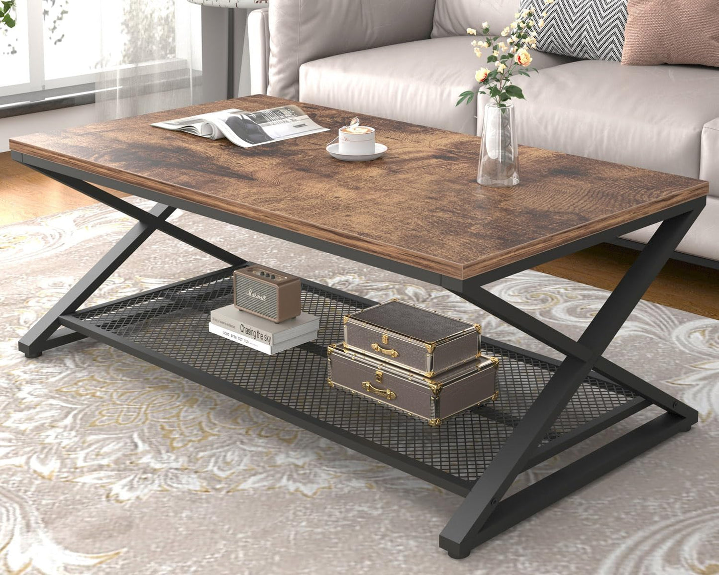 LVB Coffee Table for Living Room, 2 Tier Tea Table, 47 inch, Rustic Brown | Industrial Metal Wood Coffee Table with Storage, Farmhouse Wooden Rectangle Center Table with Mesh Shelf for Office Bedroom — Rustic Brown / 47 inch (8)