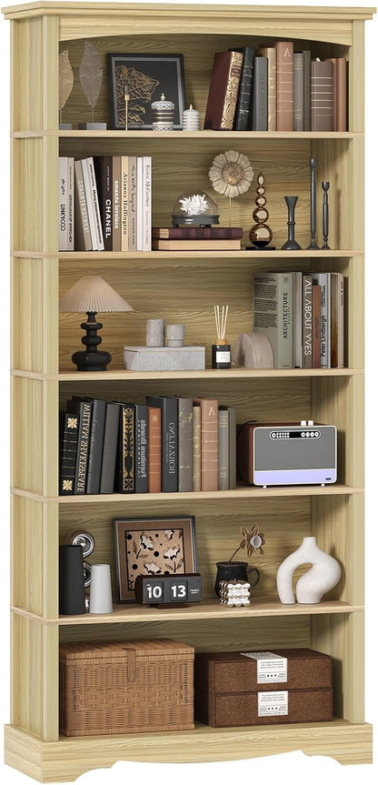 TVU 5-Tier Wooden Bookshelf, 31.5" W x 65" H ×9.9" D Bookshelf with Storage, Floor Standing Modern Style Display Bookcase for Living Room, Office, Study Room, Entryway, Brown — Natural Wood Color / 6 Tier